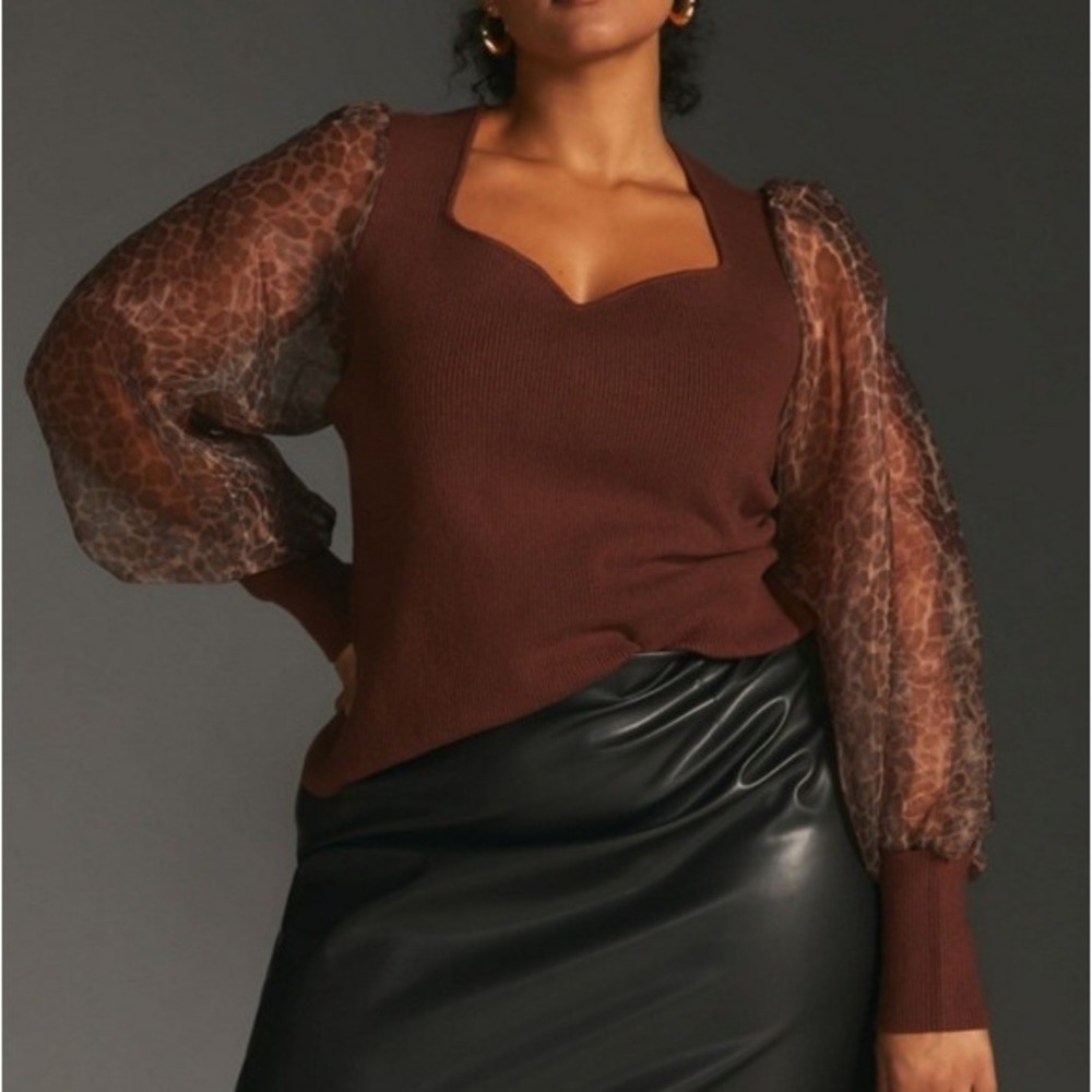Dolan Left Coast Collection Top Womens XL Brown Leopard Mesh Puff Sleeve Ribbed